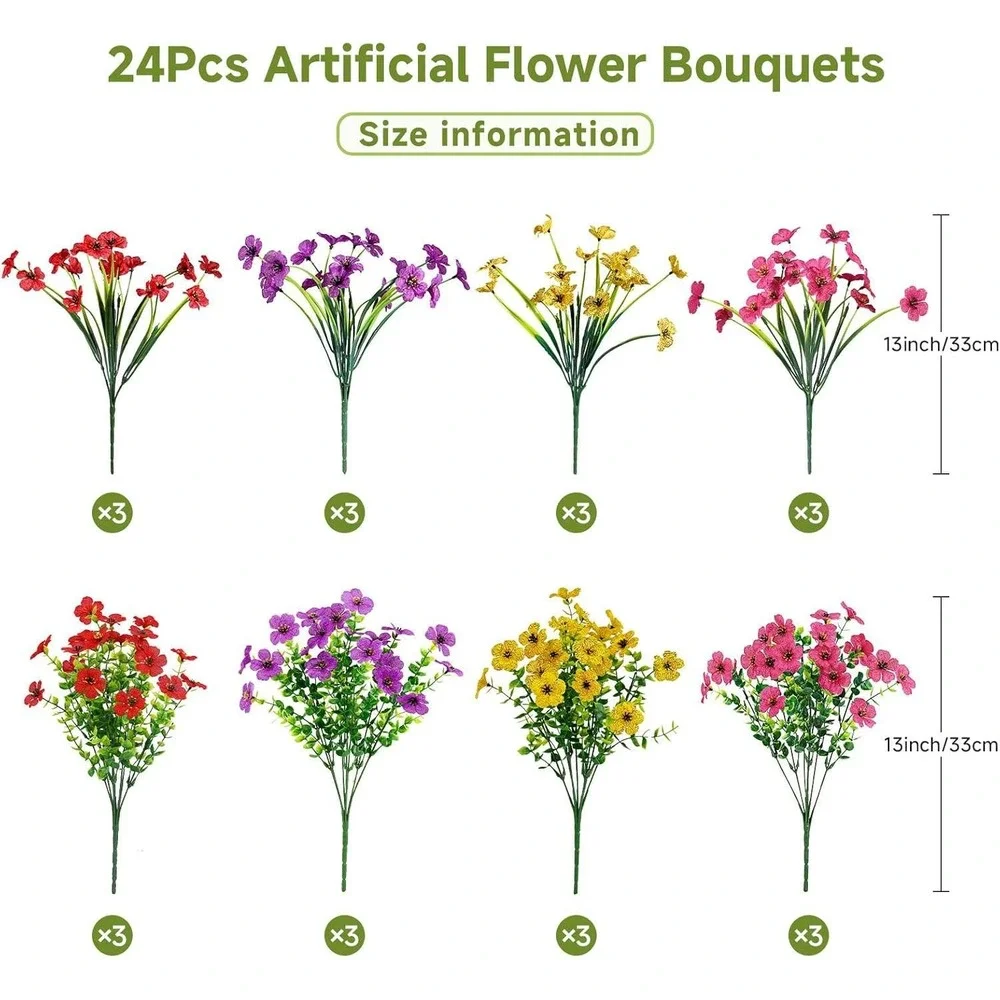 24 Packs Artificial Flowers Outdoor UV Resistant Faux Plastic Plants-Mix 4 Color